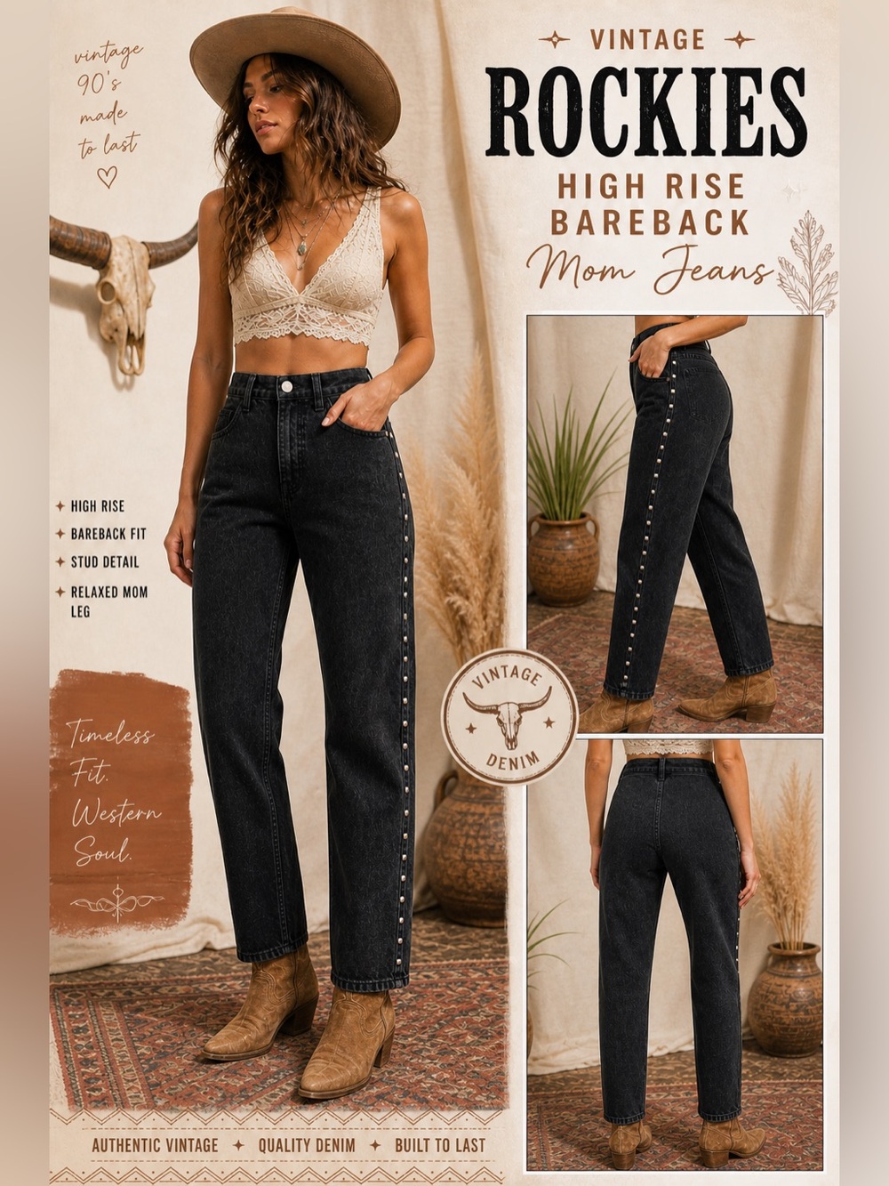 Vintage Rockies Rivet Embellished High Rise Mom Jeans